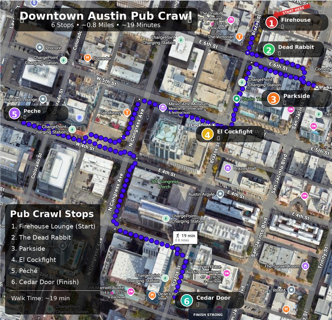 Firehouse Hostel pub crawl map Austin